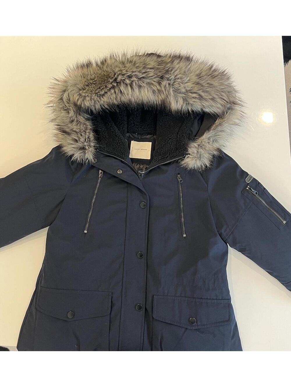 Lucky Brand $298 Dark Indigo Faux Fur Hood Womens Parka Coat Size Small - Picture 2 of 10